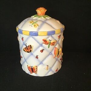 Inspirado StoneLite Large Ceramic Cookie Jar Canister, Butterfly & Ladybug Rare.